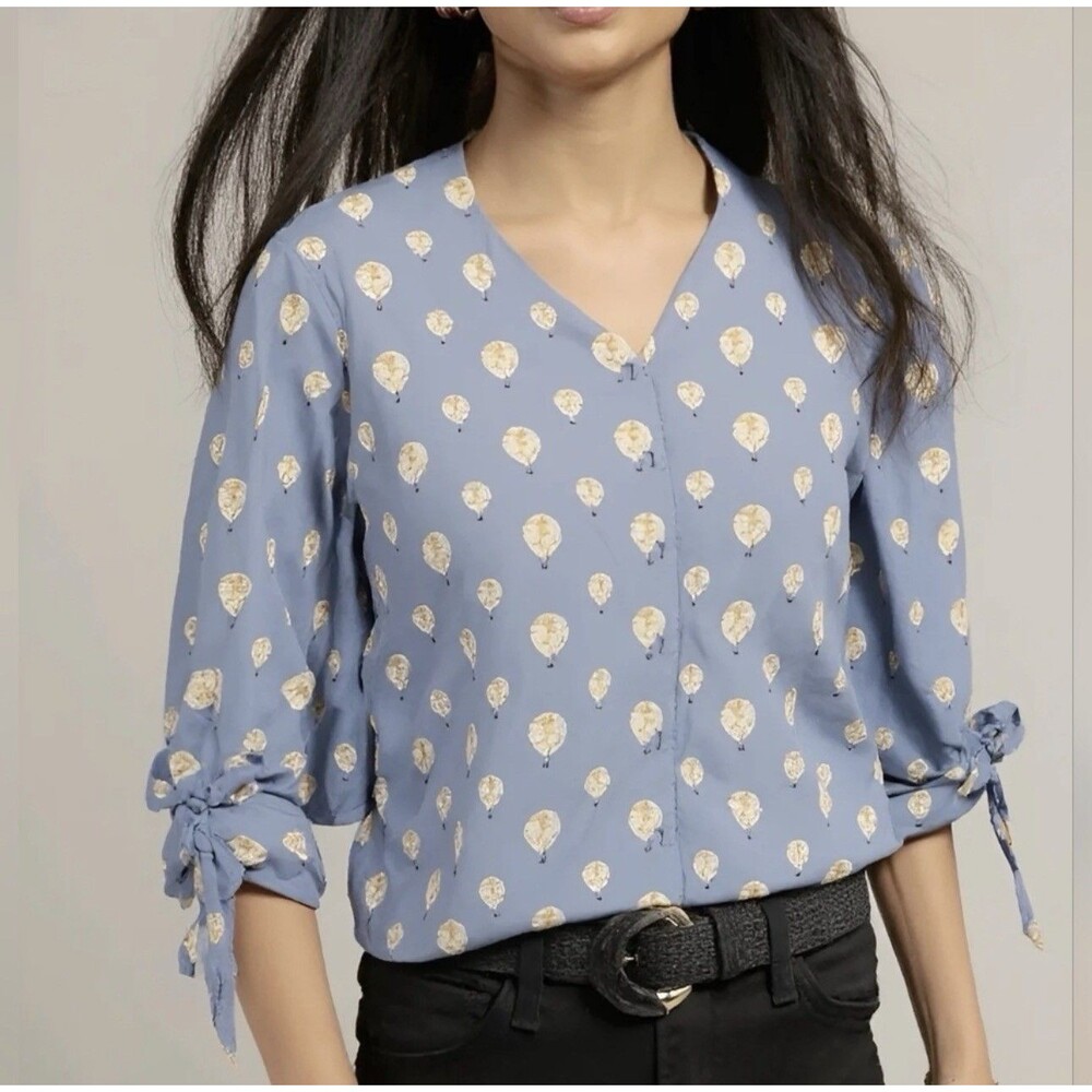 41 Hawthorn Top 2X Cute Blue Silky Hot Air Balloon Print Shirt Blouse Tie Sleeve